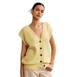 Oversized Button V-Neck Yellow Sweater Vest Top- Size M